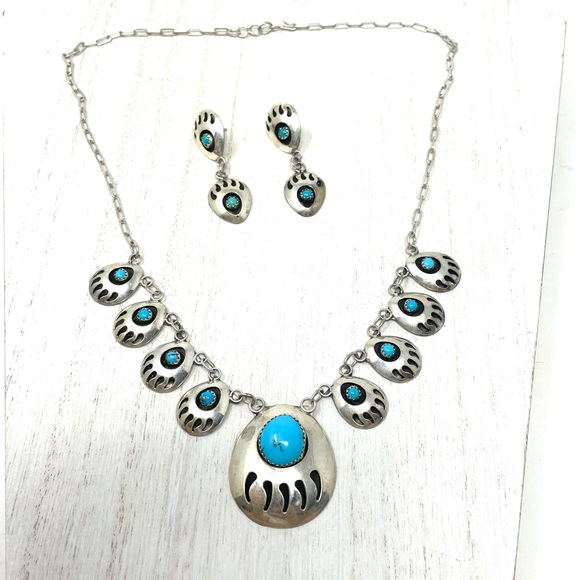 Native American sterling silver/turquoise necklace and earrings set NWOT